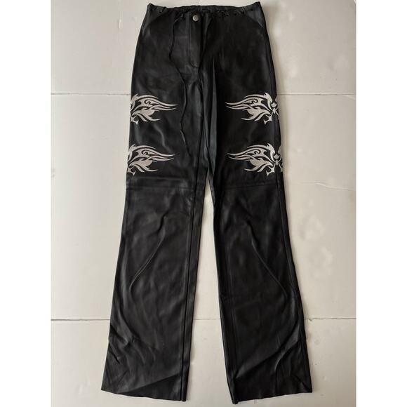 I AM GIA Faux Leather Pants Women 26x32 Black Embroidered Raw Hem Stretch Biker - Picture 3 of 11